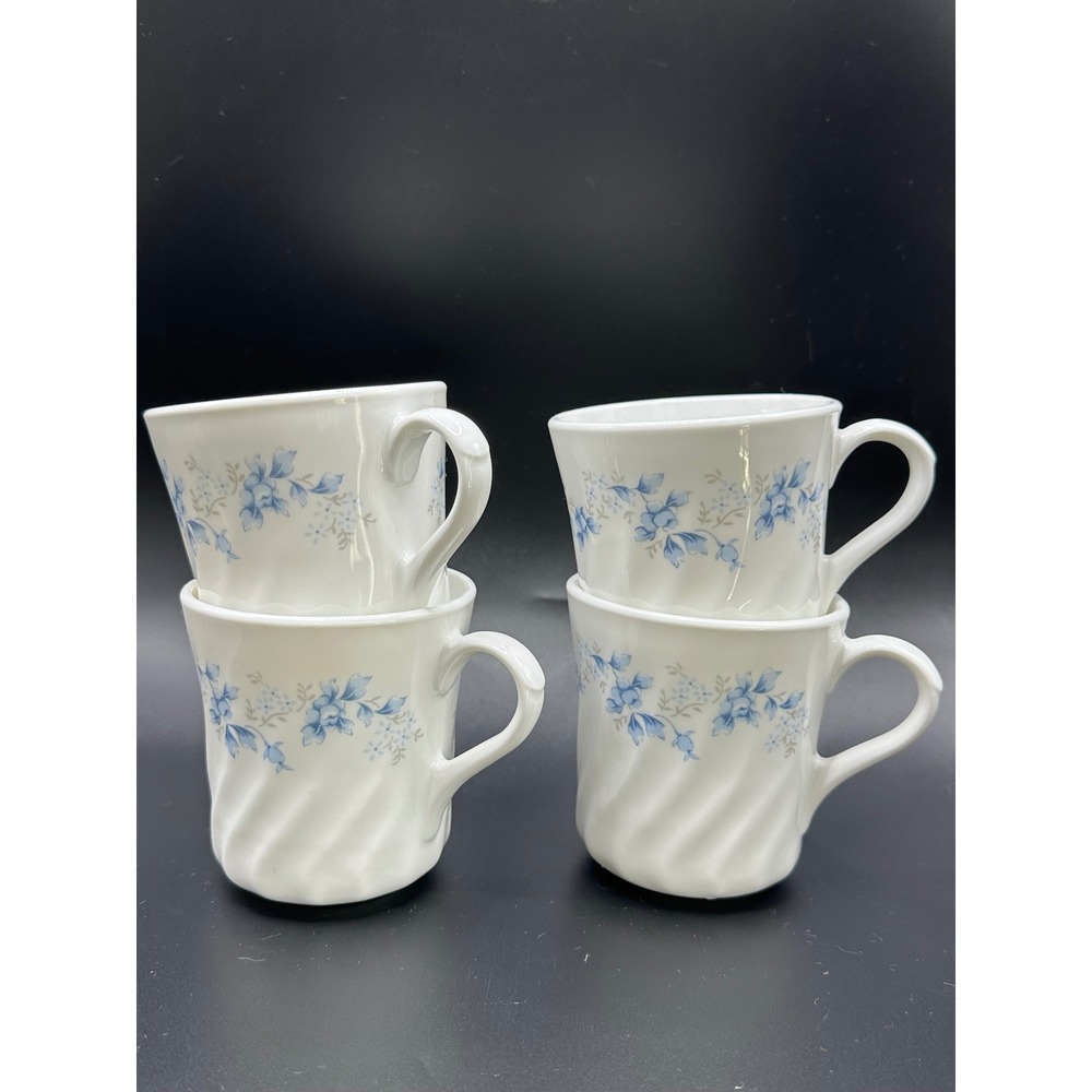 Corning Corelle Morning Blue Coffee Mugs Set of 4 Swirl White Blue Floral USA